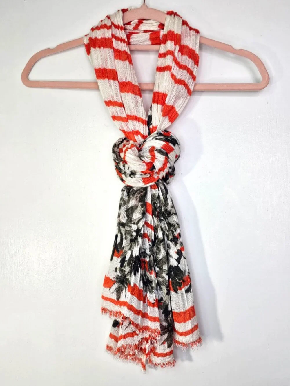J.Crew Striped & Floral Lightweight Gauzy Scarf Wrap Orange White Black